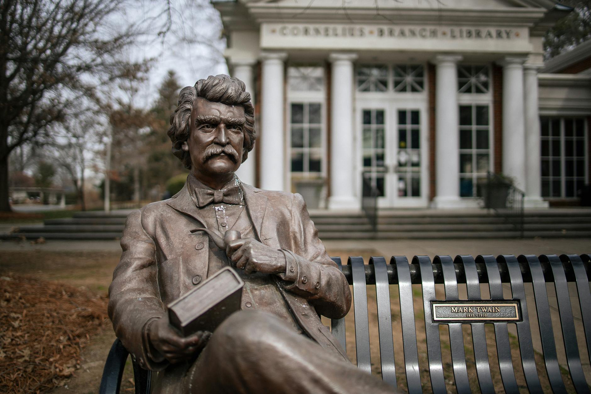 mark twain statue at cornelius branch library