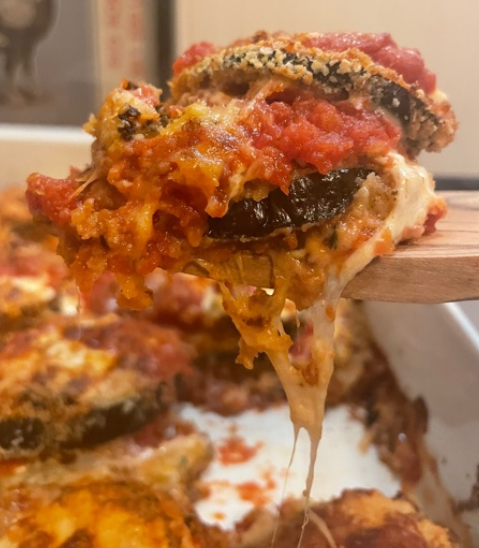 Eggplant parma in a big white baking dish.