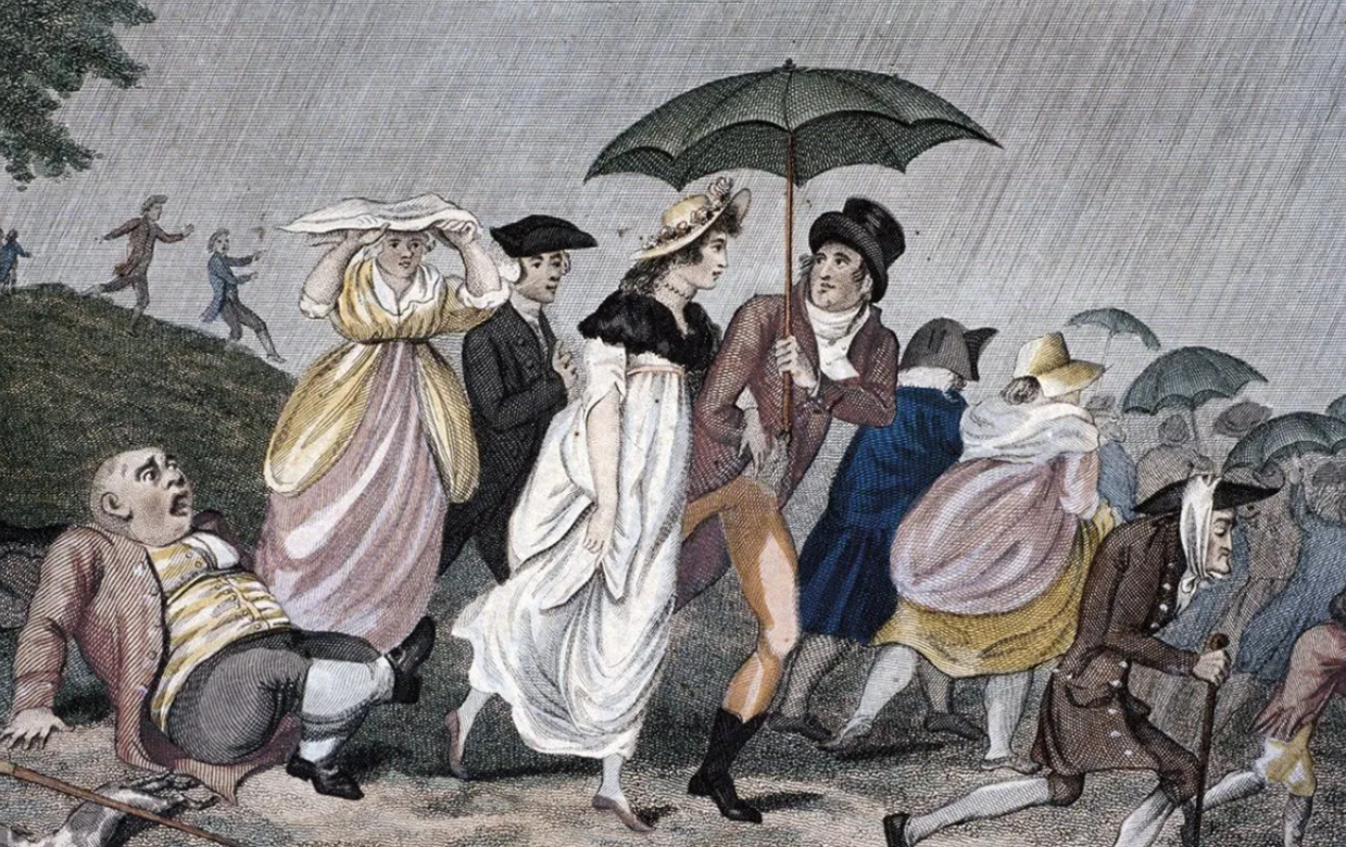 A-crowd-shelters-from-the-rain-under-their-umbrellas-in-this-1798-engraving.