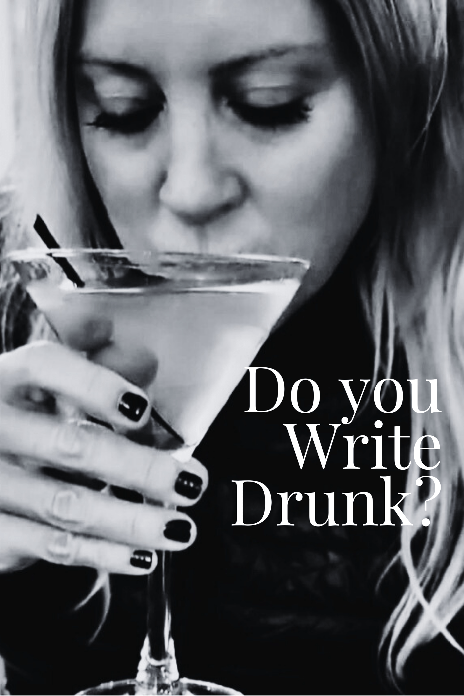 Black and white image of a blond woman drinking a martini.