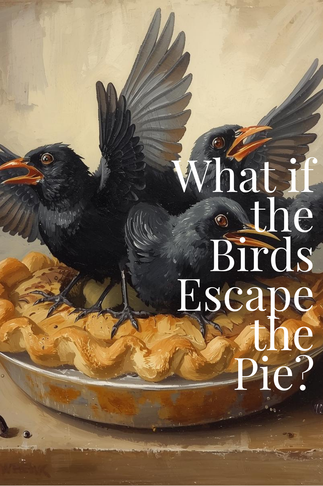Painting of blackbirds escaping a baked pie.