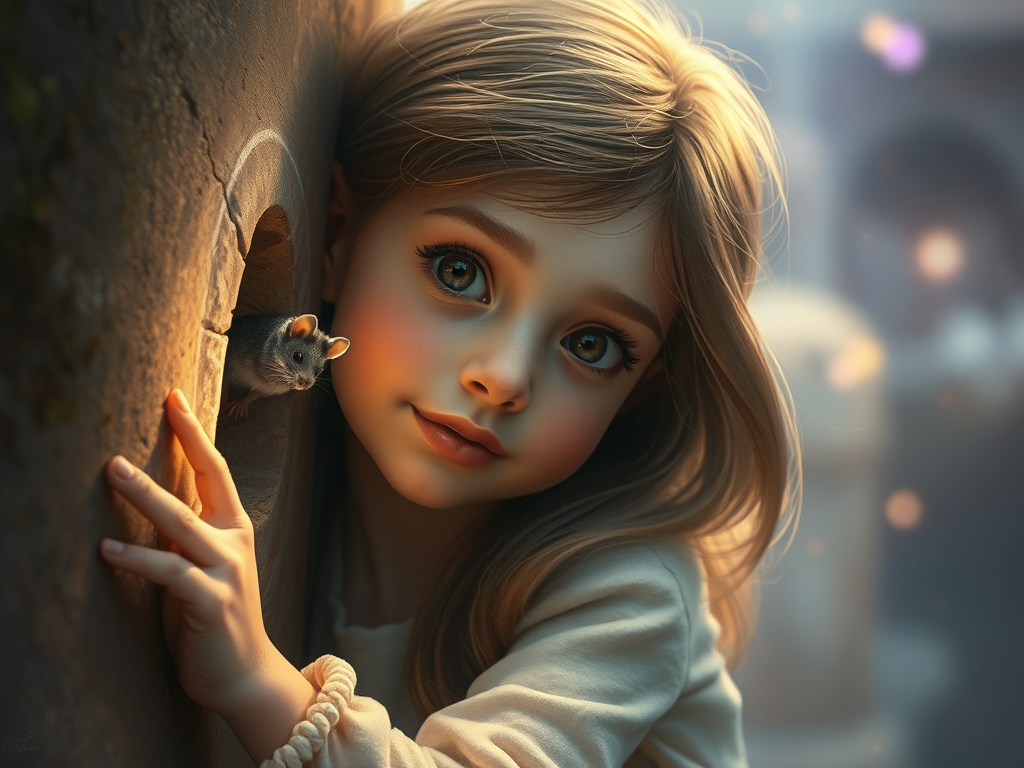 Drawing of a young girl next to a mouse coming out of his hole.