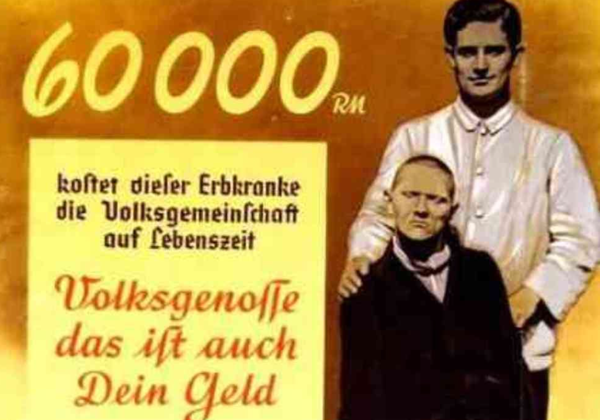 Nazi propaganda poster with a disabled man in a chair and a doctor standing next to him.