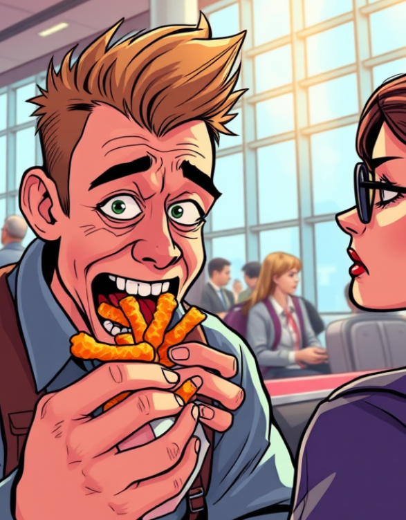 a cartoon sketch of a man eating Cheetos in an airport.