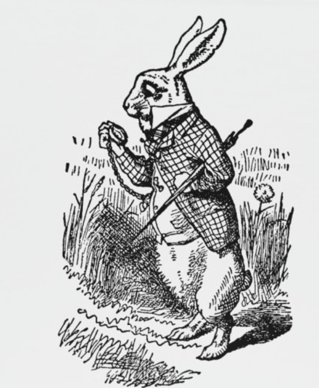 White rabbit from Alice in Wonderland looking at his watch.