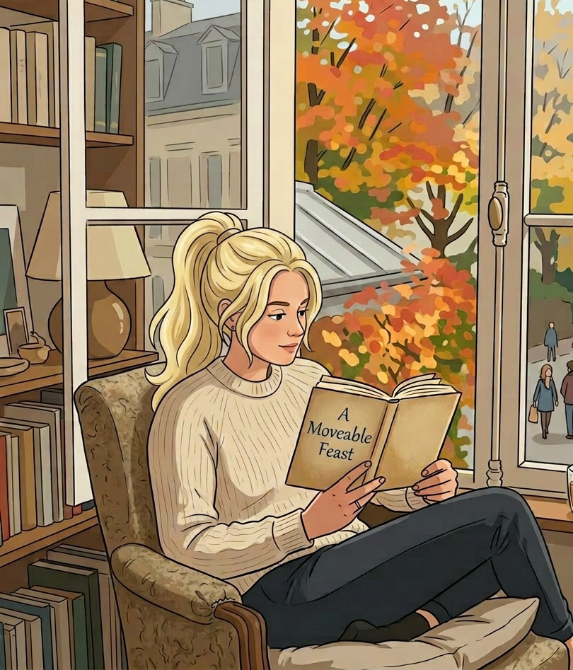 Woman sitting in cozy chair reading 'A Moveable Feast' by Ernest Hemingway near window with fall colors outside