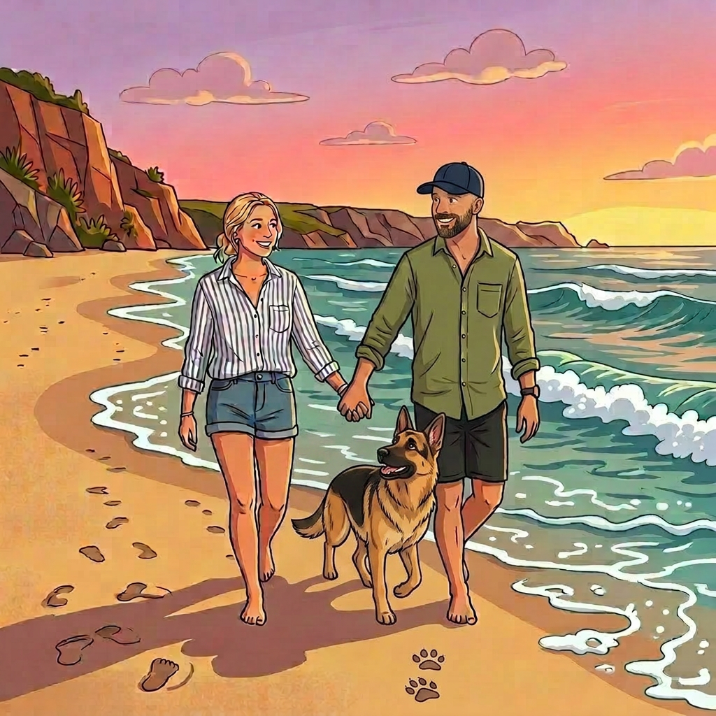 Couple holding hands walking barefoot on beach with golden retriever near ocean at sunset
