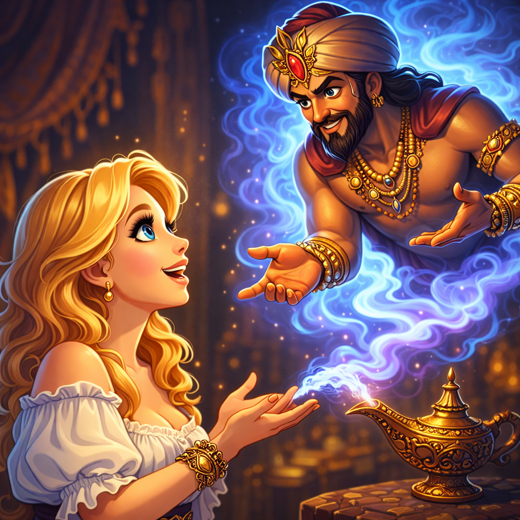 A mystical genie appears from a golden lamp to a hopeful woman