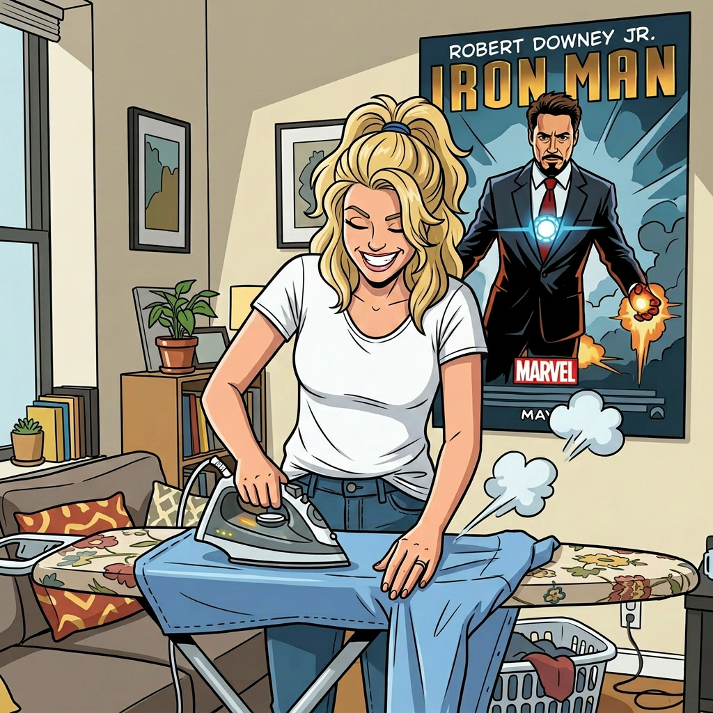 Woman ironing a light blue shirt on an ironing board in a living room with Iron Man poster
