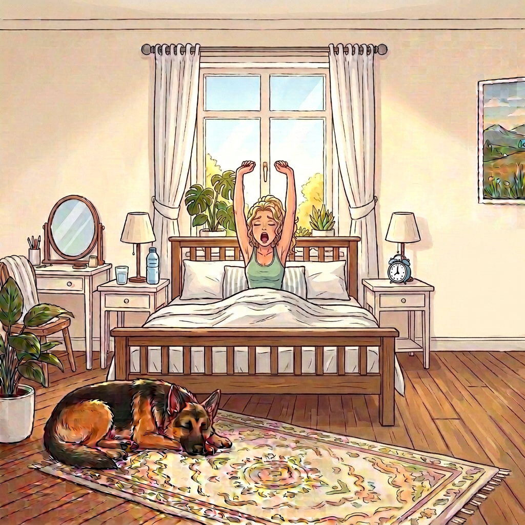 Woman stretching in sunlit bedroom with plants and a sleeping cat on the bed