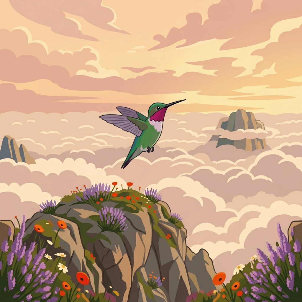 Hummingbird turning gear on hourglass containing castles surrounded by clouds