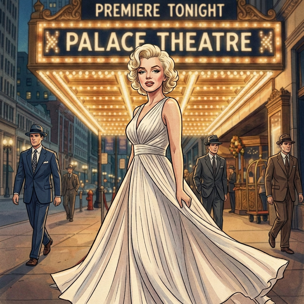 Woman in white dress twirling on red carpet outside Palace Theatre at night