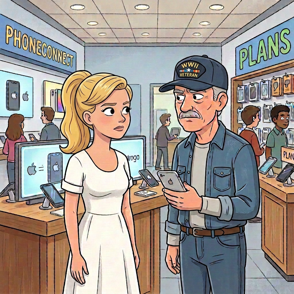 Two people discuss smartphones inside a mobile phone store