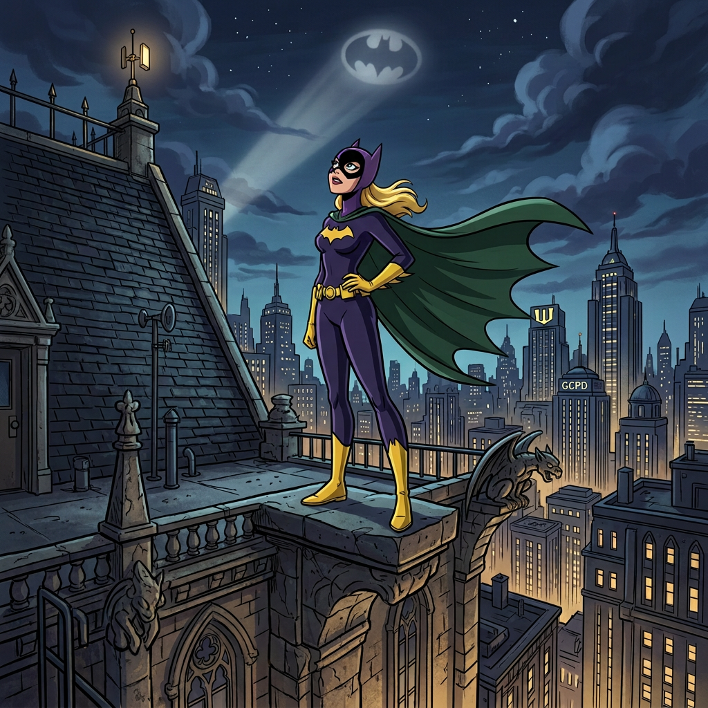 Batgirl stands on a Gothic rooftop above Gotham City beneath the Bat-Signal