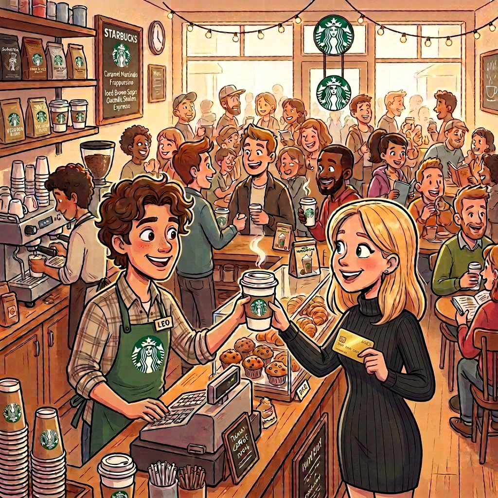 Barista handing a coffee to a customer in a busy café