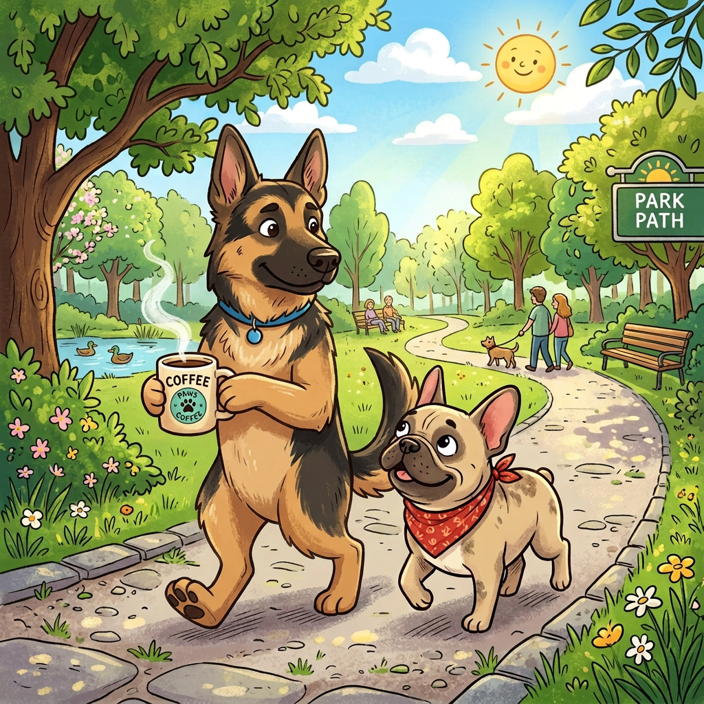 Two dogs walking on a park path, with one holding a coffee cup