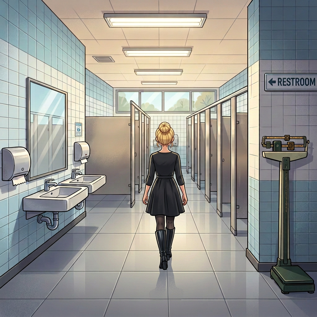 Woman washing hands in a tiled restroom beside a RESTROOM sign