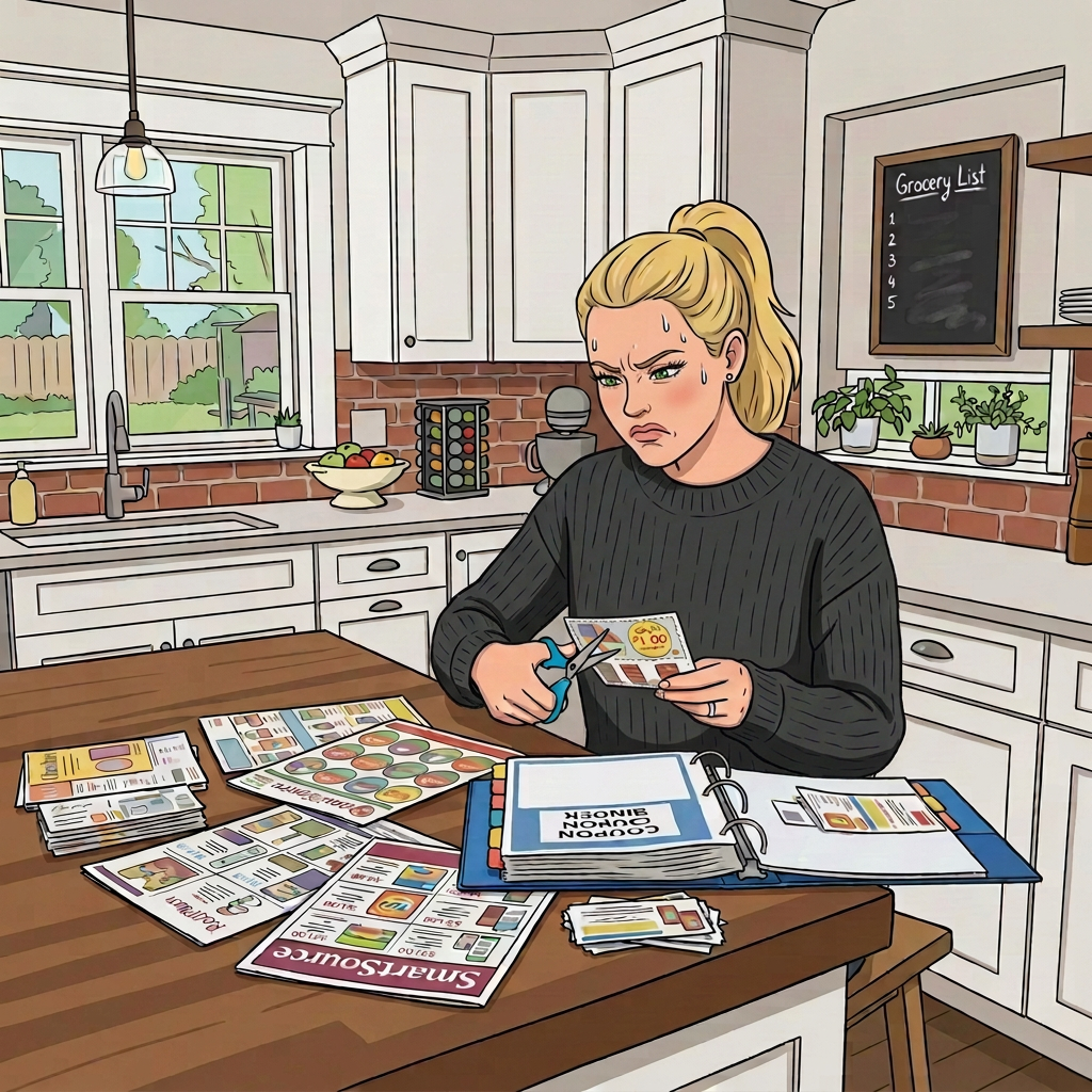 Woman clipping grocery coupons beside a binder and supermarket circulars