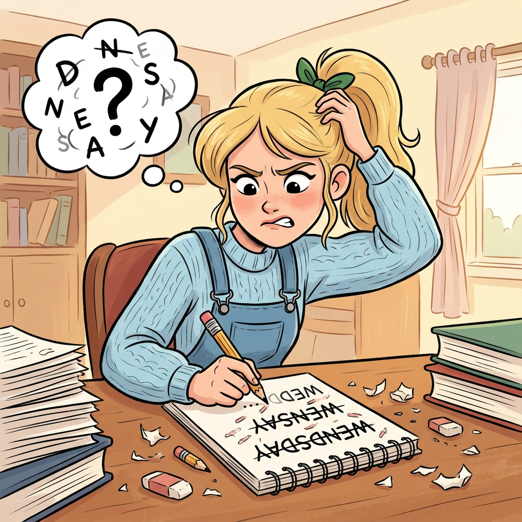 Frustrated student writing homework with scattered letters in thought bubble